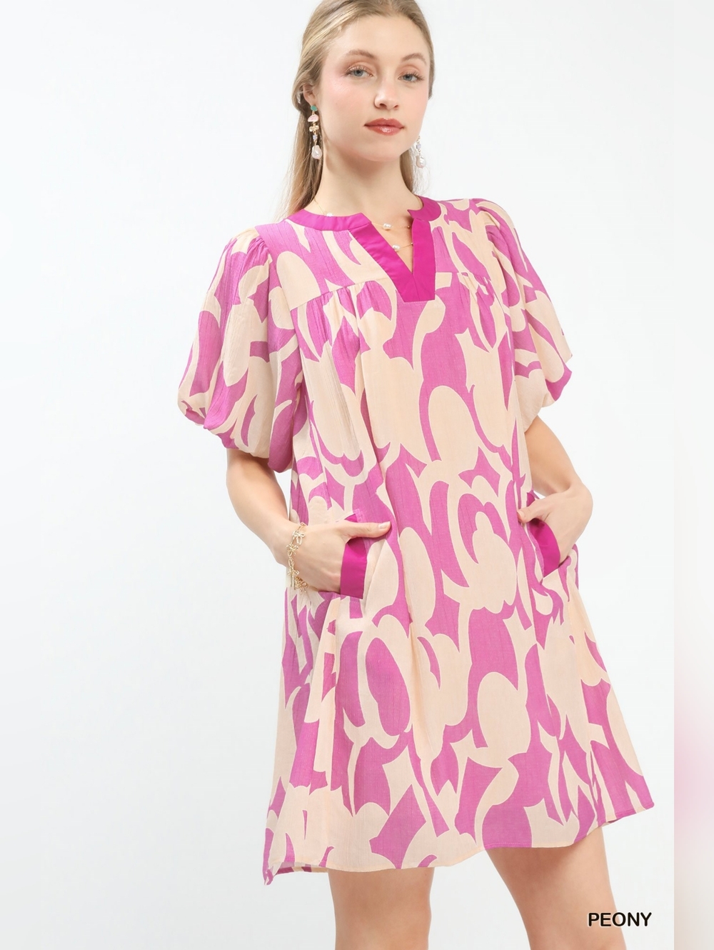 Umgee Abstract Print Puff Sleeve Shift Dress - Picture 4 of 10